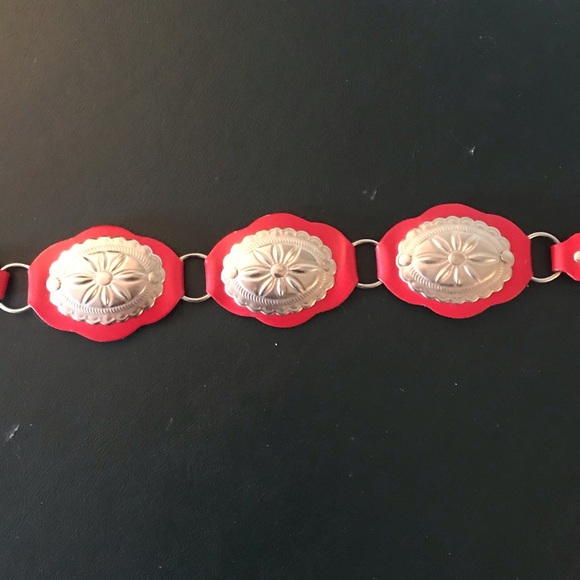 Vintage Red leather concho belt! Biker, Boho, HOT! - Picture 2 of 4
